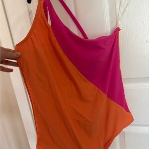 Lands' End Orange and Hot Pink Colorblock One-Piece Swimsuit